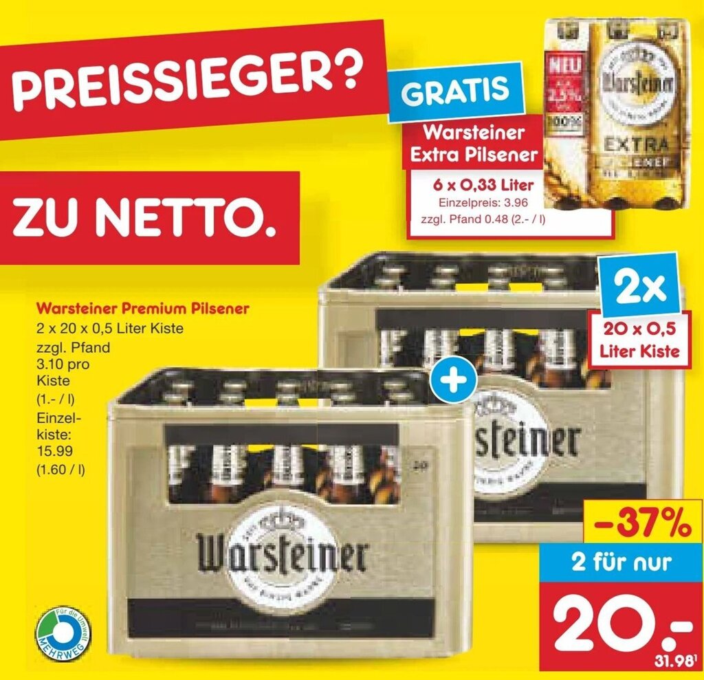 Warsteiner Premium Pilsener 2 X 20 X 0 5 Liter Kiste Angebot Bei Netto