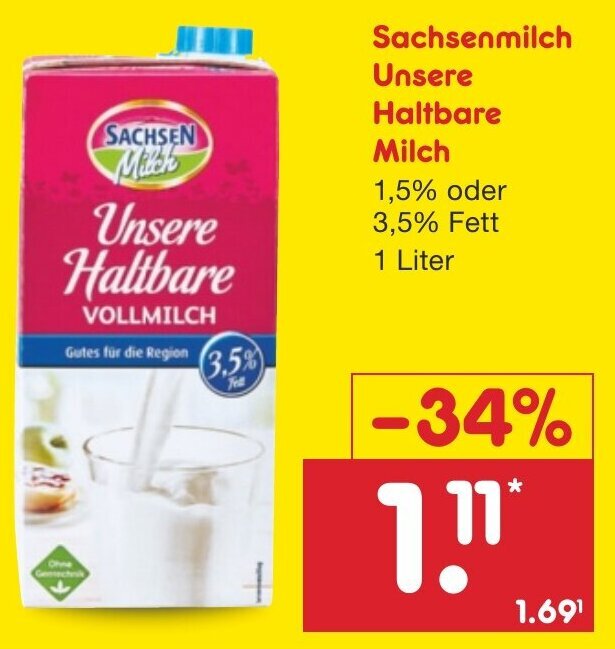 Sachsenmilch Unsere Haltbare Milch 1 Liter Angebot Bei Netto Marken