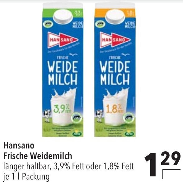 Hansano Frische Weidemilch L Packung Angebot Bei Citti Markt