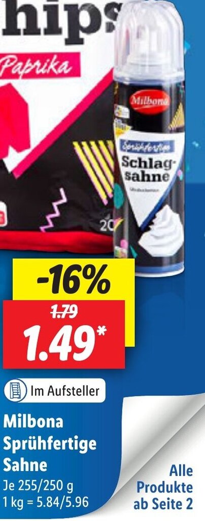 Milbona Sprühfertige Sahne 255 250 g Angebot bei Lidl