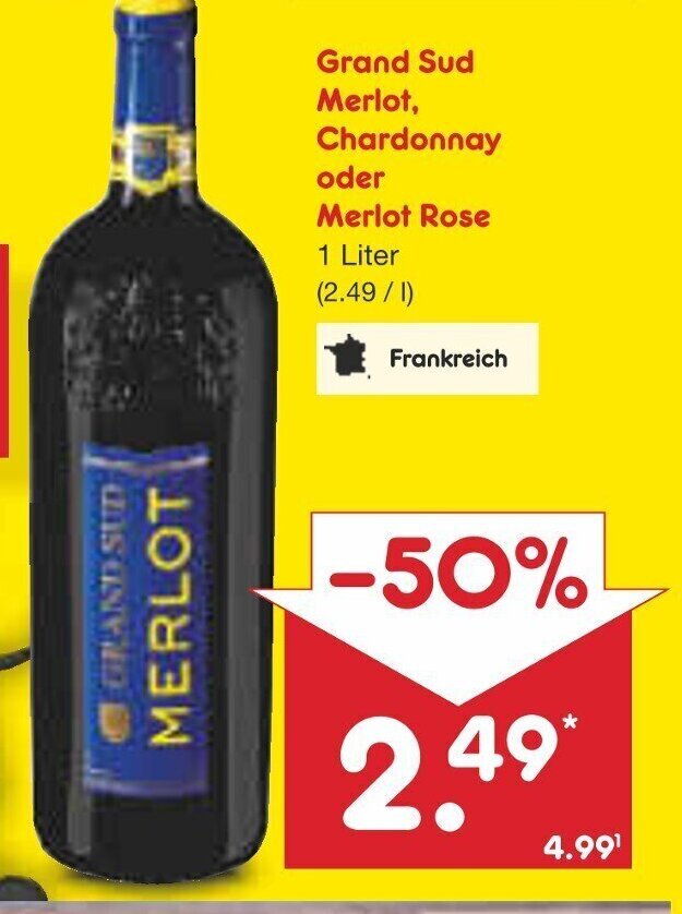 Grand Sud Merlot Chardonnay Oder Merlot Rose 1 Liter Angebot Bei Netto