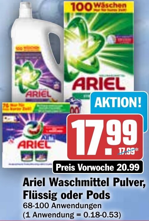 Ariel Waschmittel Pulver Flüssig oder Pods 68 100 Anwendungen Angebot