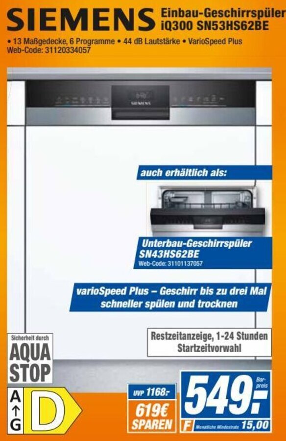 SIEMENS Einbau Geschirrspüler iQ300 SN53HS62BE Angebot bei HEM Expert