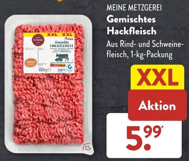 MEINE METZGEREI Gemischtes Hackfleisch 1 kg Packung Angebot bei Aldi Süd