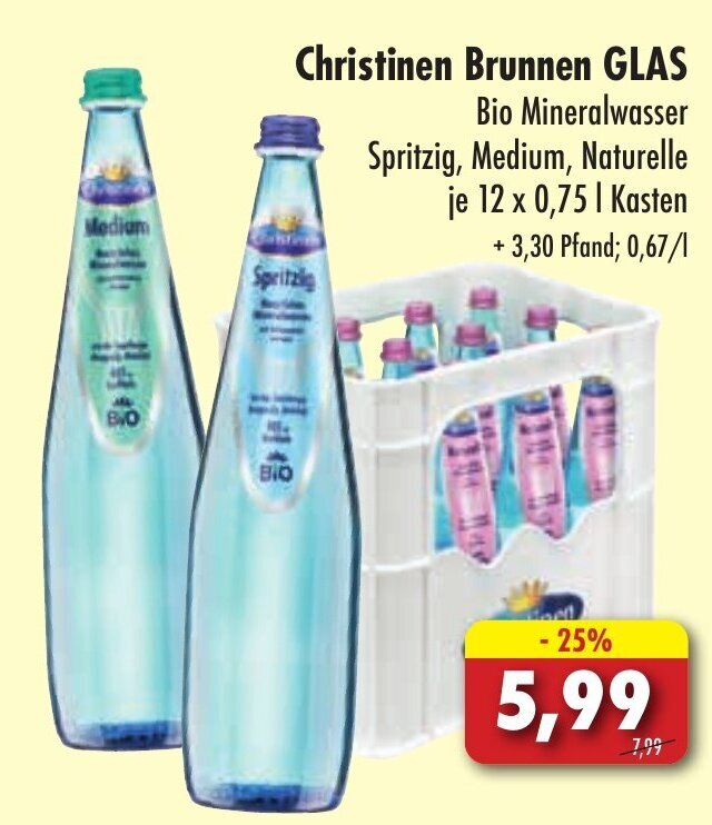 Christinen Brunnen GLAS Bio Mineralwasser Spritzig Medium Naturelle