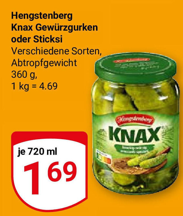 Hengstenberg Knax Gewürzgurken oder Sticksi Verschiedene Sorten 720ml