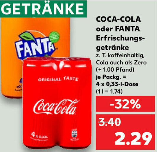 COCA COLA oder FANTA Erfrischungsgetränke 4x0 33 L Dose Angebot bei