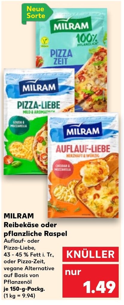 MILRAM Reibekäse oder pflanzliche Raspel 150 g Packg Angebot bei Kaufland