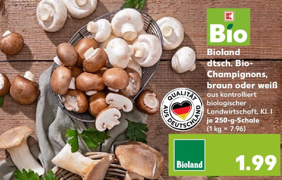 Bioland dtsch Bio Champignons braun oder weiß 250 g Schale Angebot