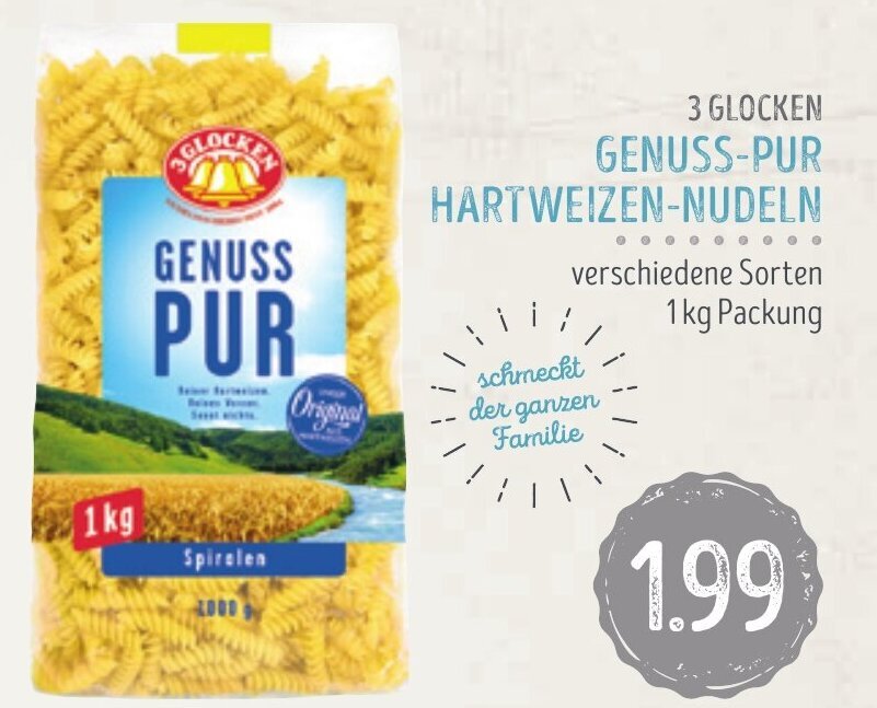 3 GLOCKEN GENUSS PUR HARTWEIZEN NUDELN 1kg Packung Angebot Bei Edeka Struve