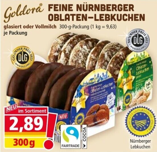 Goldora FEINE NÜRNBERGER OBLATEN LEBKUCHEN 300 g Packung Angebot bei Norma