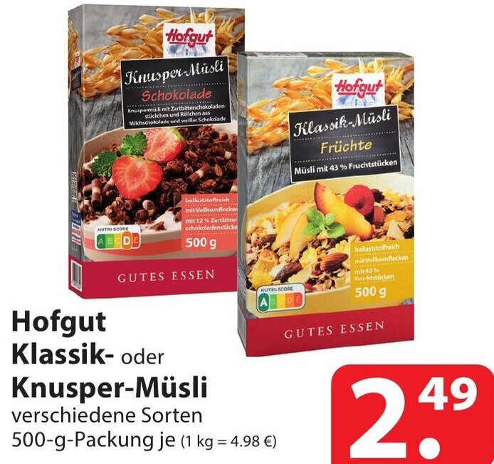 Hofgut Klassik oder Knusper Müsli 500 g Packung Angebot bei Famila Nord Ost