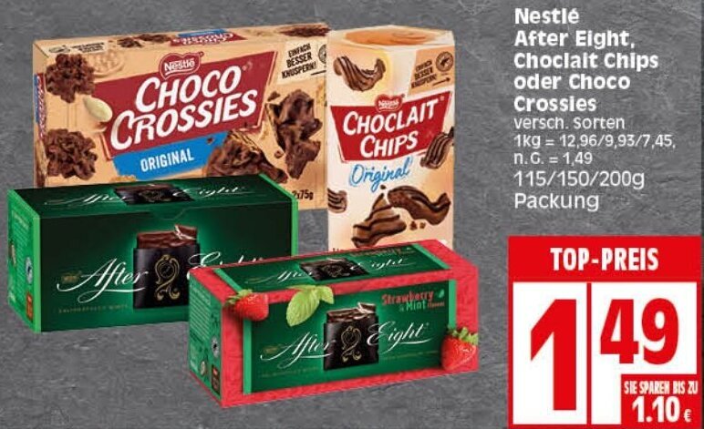 Nestl After Eight Choclait Chips Oder Choco Crossies G