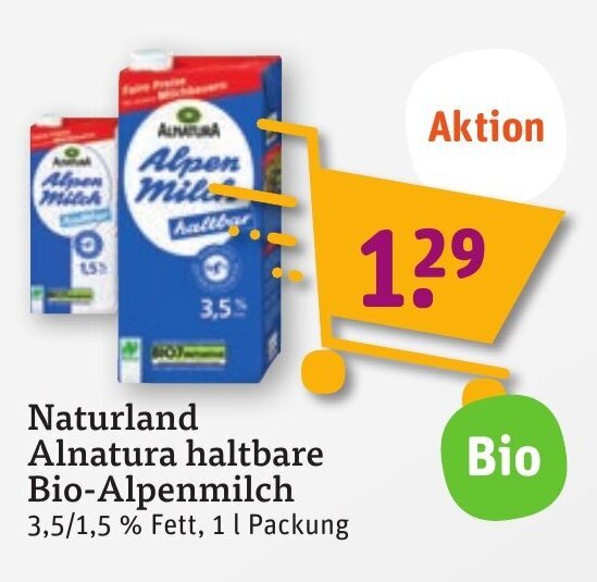 Naturland Alnatura Haltbare Bio Alpenmilch 1 L Packung Angebot Bei Tegut