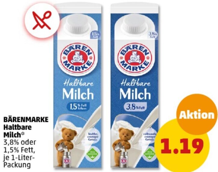 BÄRENMARKE Haltbare Milch 1 Liter Packung Angebot bei PENNY