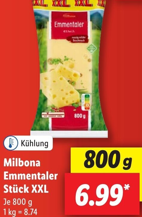 Milbona Emmentaler Stück XXL 800 g Angebot bei Lidl