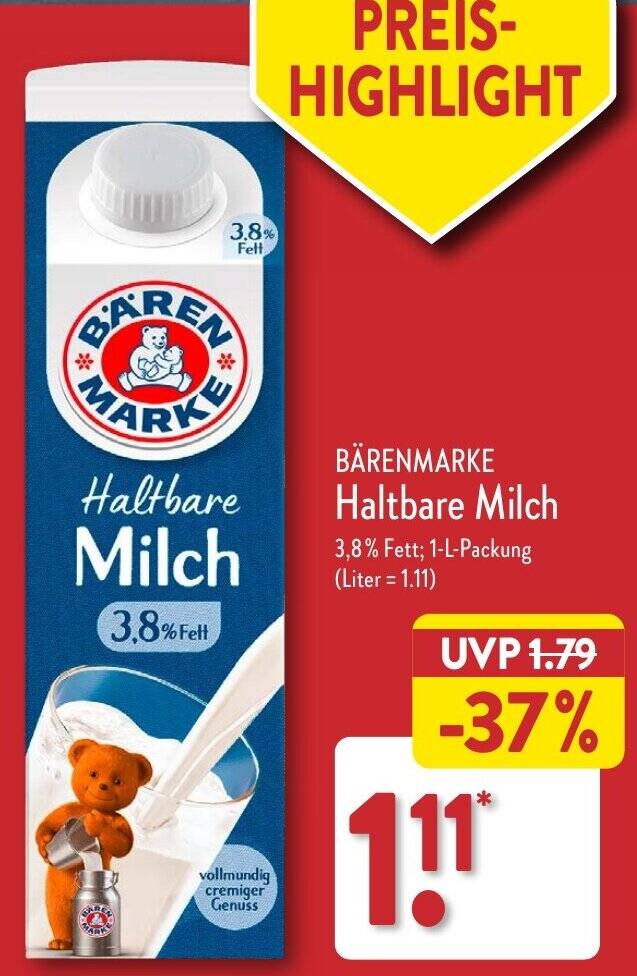 BÄRENMARKE Haltbare Milch 1 L Packung Angebot bei Aldi Nord