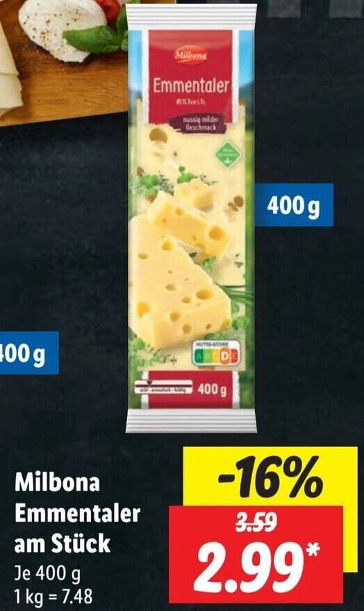 Milbona Emmentaler am Stück 400 g Angebot bei Lidl