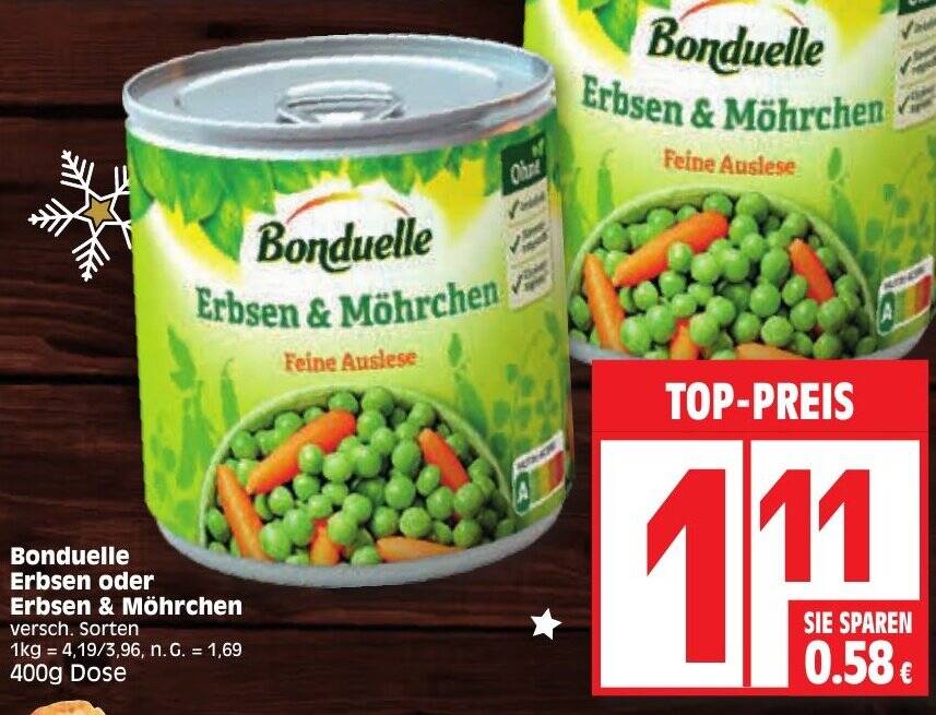 Bonduelle Erbsen oder Erbsen Möhrchen 400g Dose Angebot bei Edeka