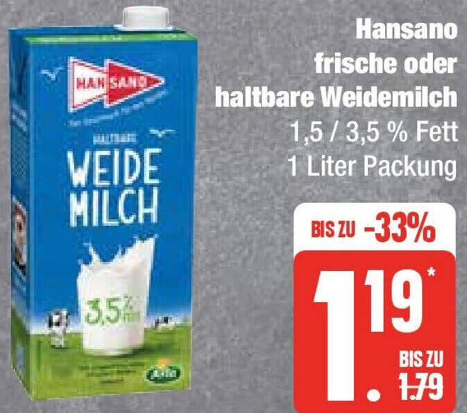 Hansano Frische Oder Haltbare Weidemilch 1 Liter Packung Angebot Bei Edeka