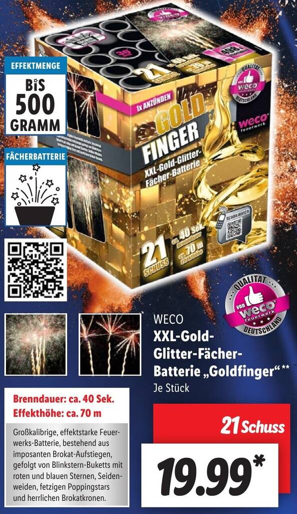 WECO XXL Gold Glitter Fächer Batterie Goldfinger 21 Schuss Angebot