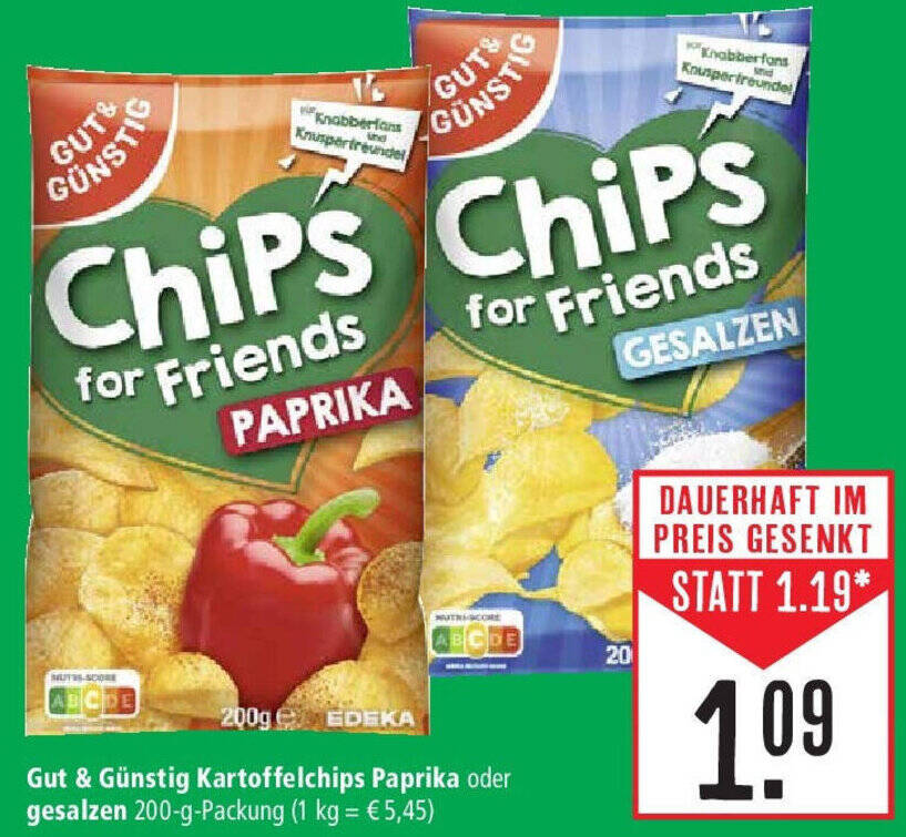 Gut Günstig Kartoffelchips Paprika oder gesalzen 200 g Packung