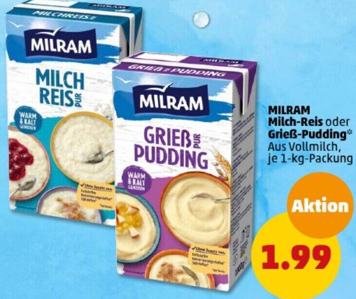 MILRAM Milch Reis oder Grieß Pudding 1 kg Packung Angebot bei PENNY