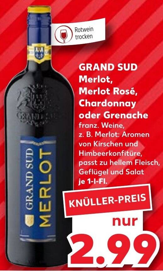 GRAND SUD Merlot Merlot Rosé Chardonnay oder Grenache 1 L Fl Angebot