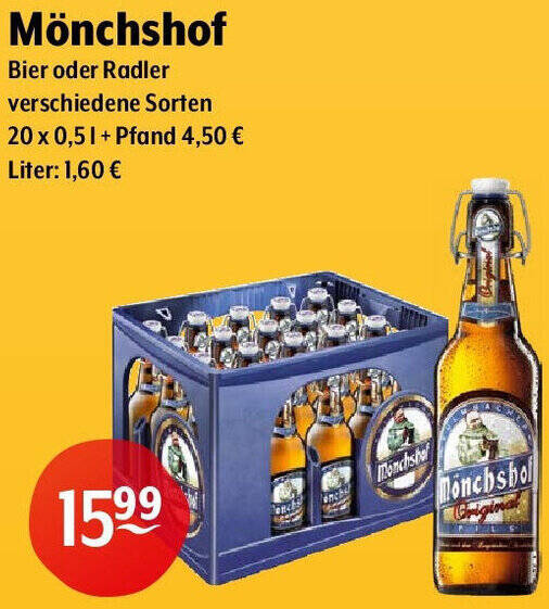 Mönchshof Bier oder Radler 20x0 5 L Angebot bei Getränke Hoffmann