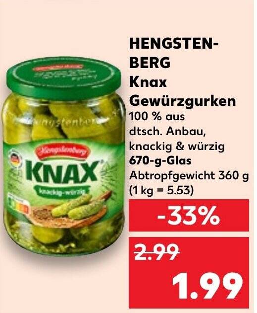 HENGSTEN BERG Knax Gewürzgurken 670 g Glas Angebot bei Kaufland