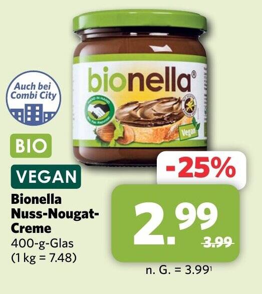 Bionella Nuss Nougat Creme 400 G Glas Angebot Bei Combi