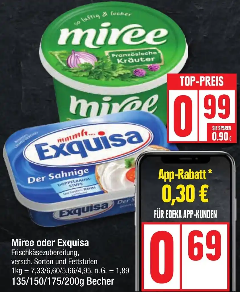 Miree oder Exquisa Frischkäsezubereitung 135 150 175 200 g Becher