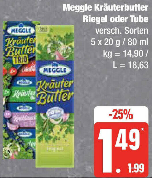 Meggle Kräuterbutter Riegel oder Tube 5x20 g 80 ml Angebot bei Edeka