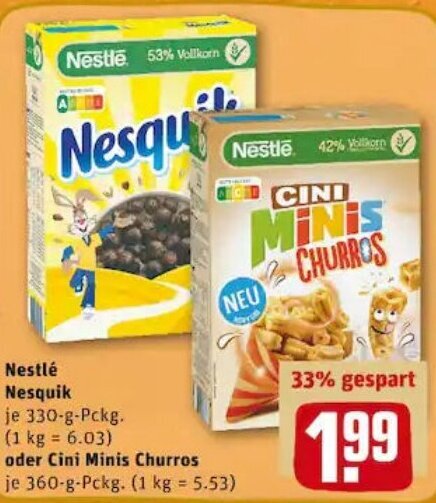 Nestlé Nesquik 330g oder Cini Minis Churros 360g Angebot bei REWE PETZ