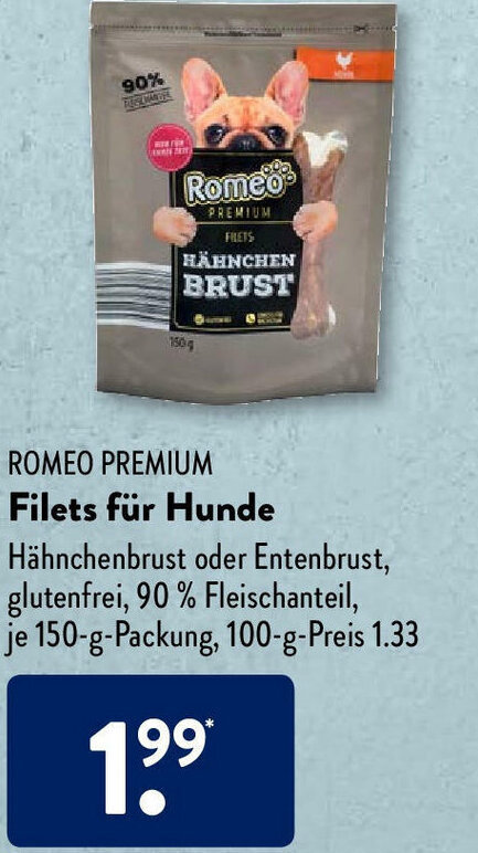 Romeo Premium Filets Für Hunde je 150 g Packung Angebot bei Aldi Süd