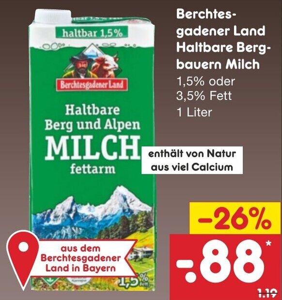 Berchtesgadener Land Haltbare Bergbauern Milch 1 L Angebot Bei Netto