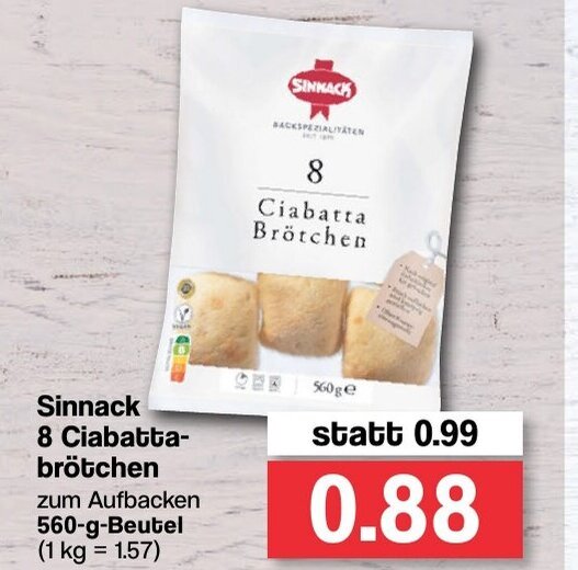 Sinnack 8 Ciabatta brötchen 560g Beutel Angebot bei Famila Nord West