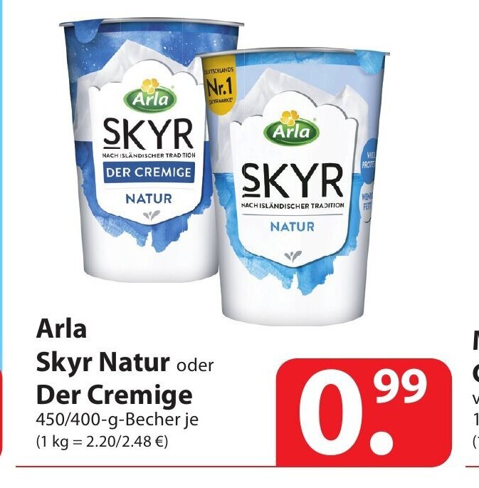 Arla Skyr Natur Oder Der Cremige 400 450 G Becher Angebot Bei Famila