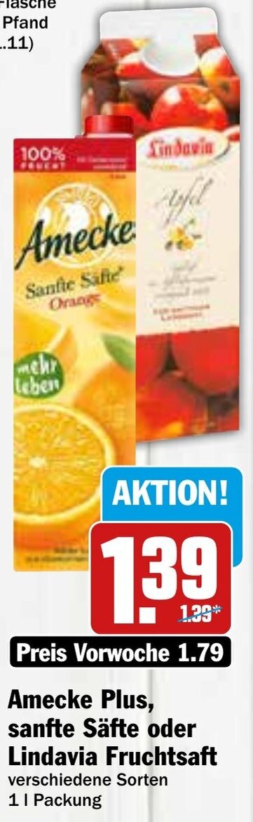 Amecke Plus Sanfte Säfte oder Lindavia Fruchtsaft 1 L Packung Angebot