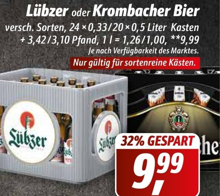 Lübzer oder Krombacher Bier 24x0 33 20x0 5 Liter Kasten Angebot bei Simmel