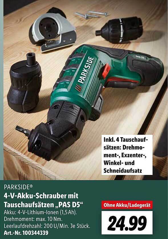 Parkside 4 v akku schrauber Mit Tauschaufsätzen Angebot bei Lidl