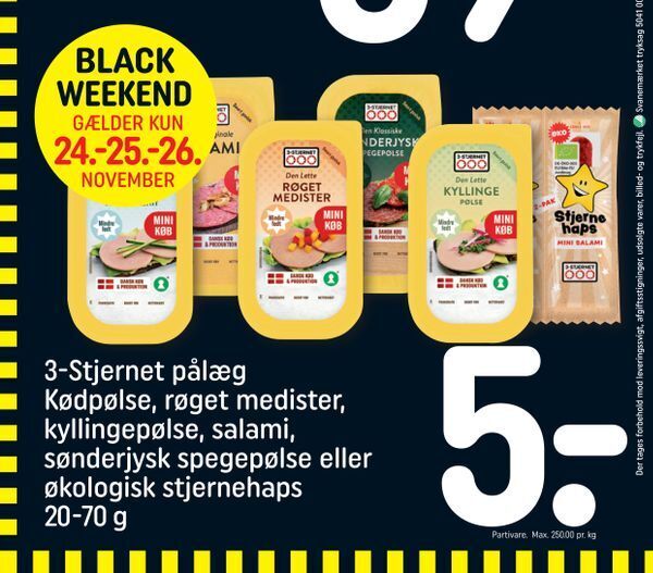 3 stjernet pålæg kødpølse røget medister kyllingepølse salami