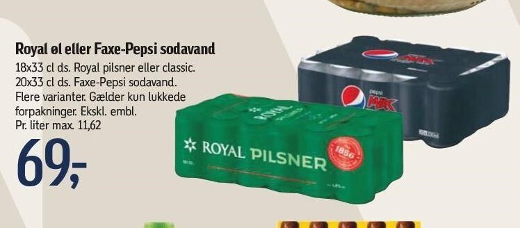 Royal øl eller faxe eller pepsi tilbud hos Føtex