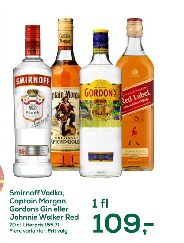 Smirnoff Vodka Captain Morgan Gordons Gin Eller Johnnie Walker Red