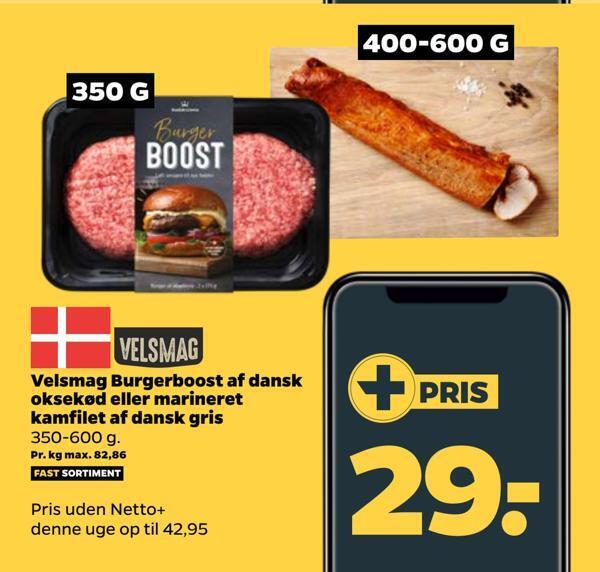 Velsmag burgerboost af dansk oksekød eller marineret kamfilet af dansk