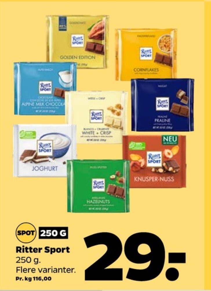 Ritter Sport Chokoladeplade Alpine Milk Chocolate Tilbud Hos Netto