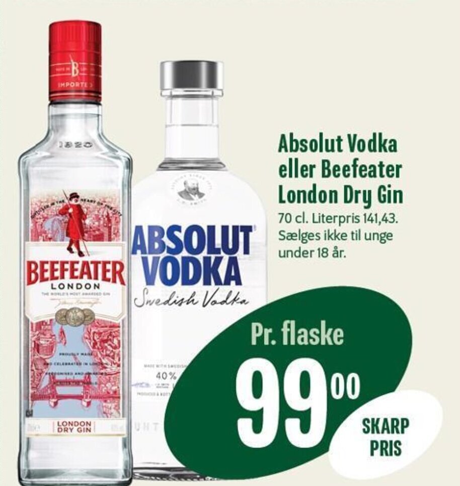 Absolut Vodka eller Beefeater London Dry Gin tilbud hos Min Købmand