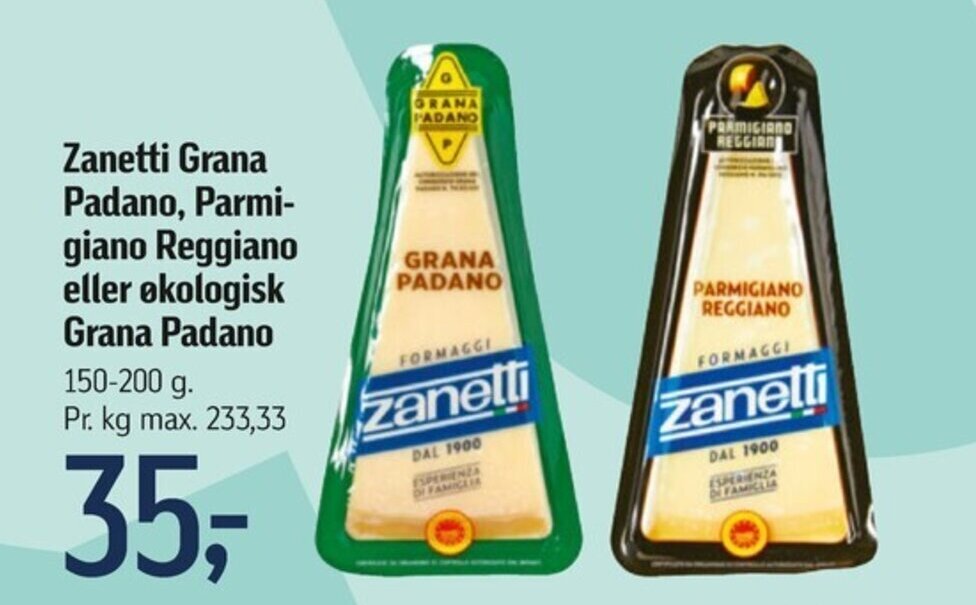 Zanetti Grana Padano Parmi giano Reggiano eller økologisk Grana Padano