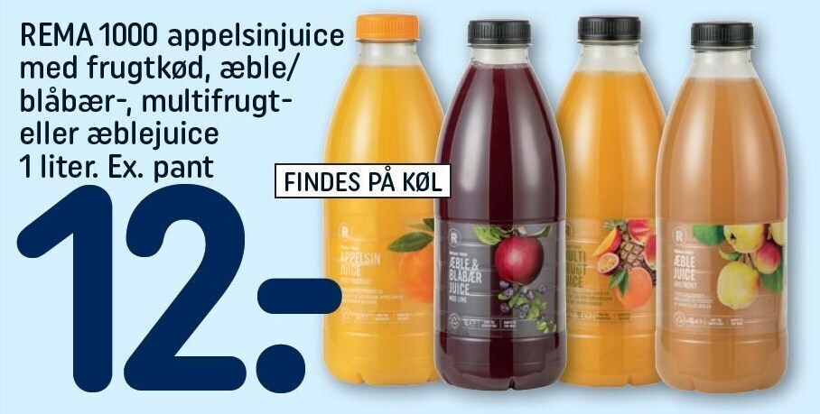 Rema 1000 appelsinjuice med frugtkød æble blåbær multifrugt eller