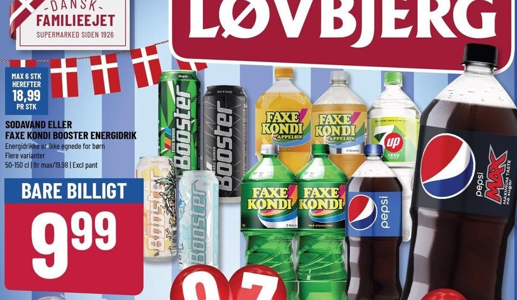 Sodavand eller faxe kondi booster energidrik tilbud hos Løvbjerg